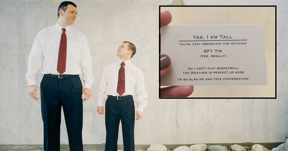 A 6'7" tall teen has made a business card to hand out to people who ask