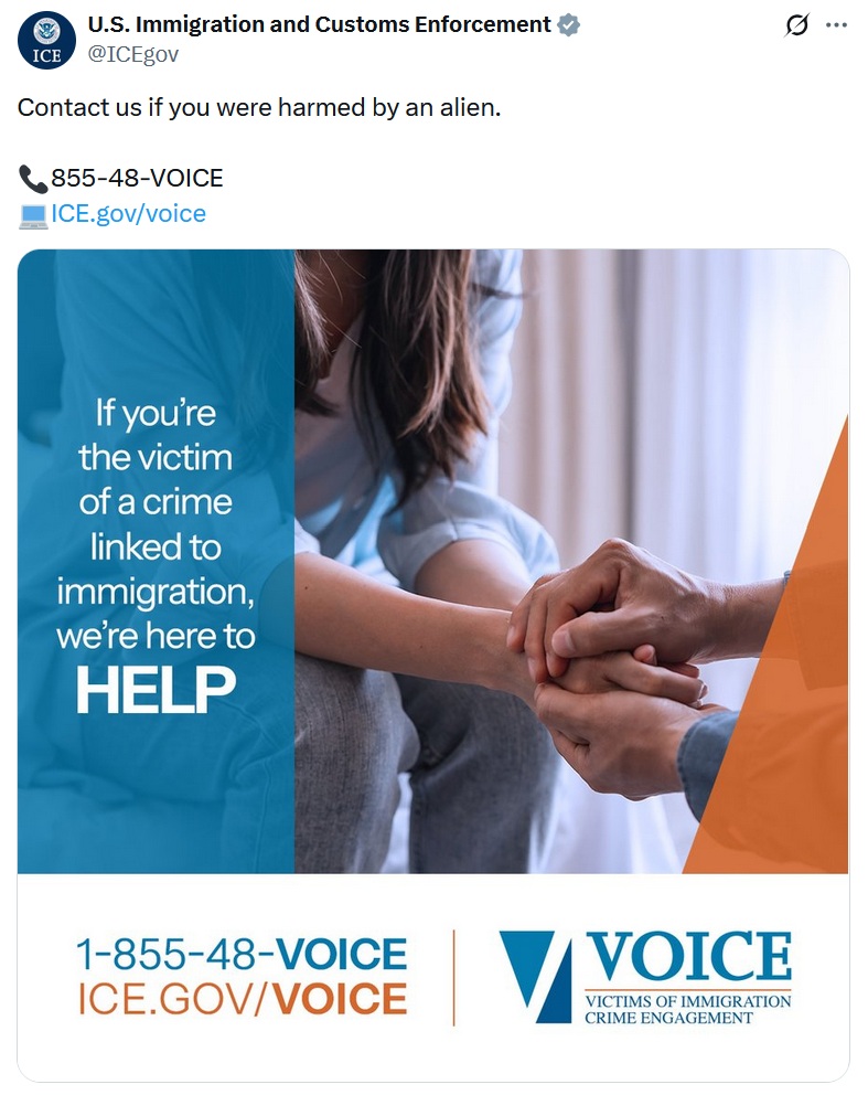 Contact us if you were harmed by an alien. 
With an image showing a young woman's hands being comfortingly held by the hands of an older person. Text on the image - if you're the victim of crime linked to immigration, we're here to help.