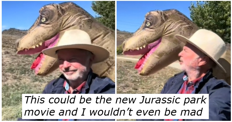 Turn away from the news for 20 seconds and soak up the joy that is Sam Neill taking an inflatable dinosaur for a drive