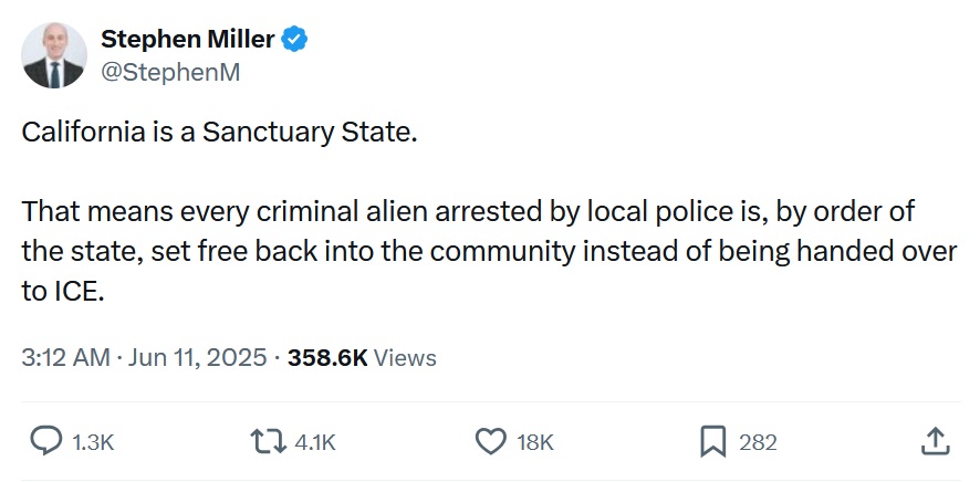 California is a Sanctuary State.

That means every criminal alien arrested by local police is, by order of the state, set free back into the community instead of being handed over to ICE.