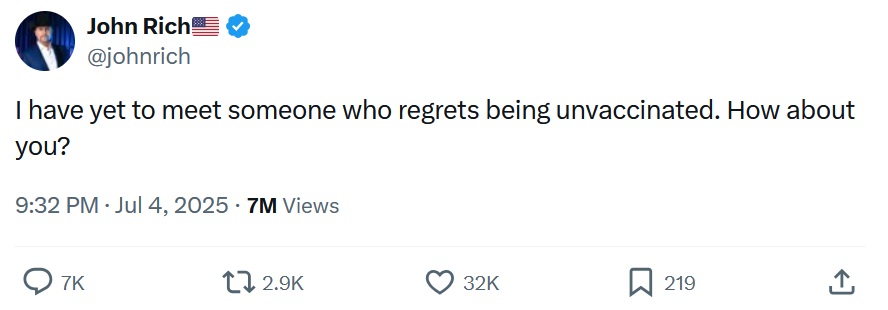 @johnrich
I have yet to meet someone who regrets being unvaccinated. How about you?