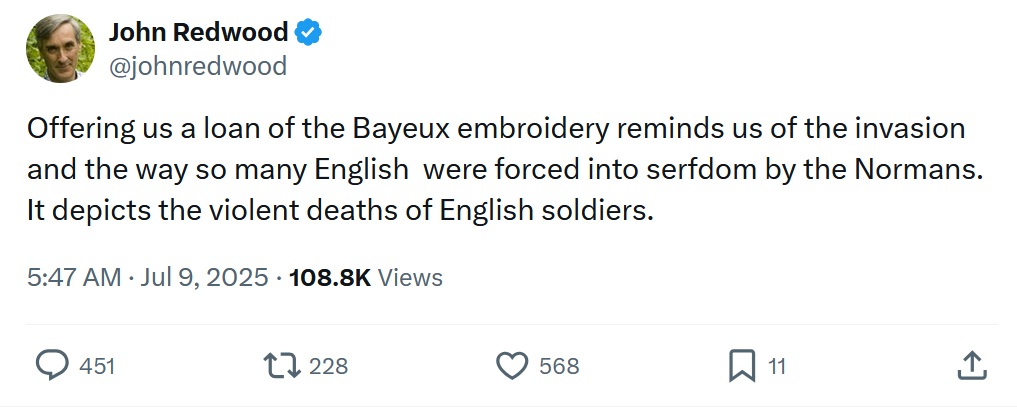 Offering us a loan of the Bayeux embroidery reminds us of the invasion and the way so many English  were forced into serfdom by the Normans.  It depicts the violent deaths of English soldiers.