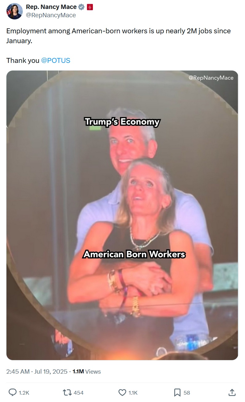 Image of the CEO and HR head with him behind her with his arms around her. He is labelled Trump's economy, while she is labelled American Born Workers.
Tweet text - Employment among American-born workers is up nearly 2M jobs since January.
Thank you @POTUS