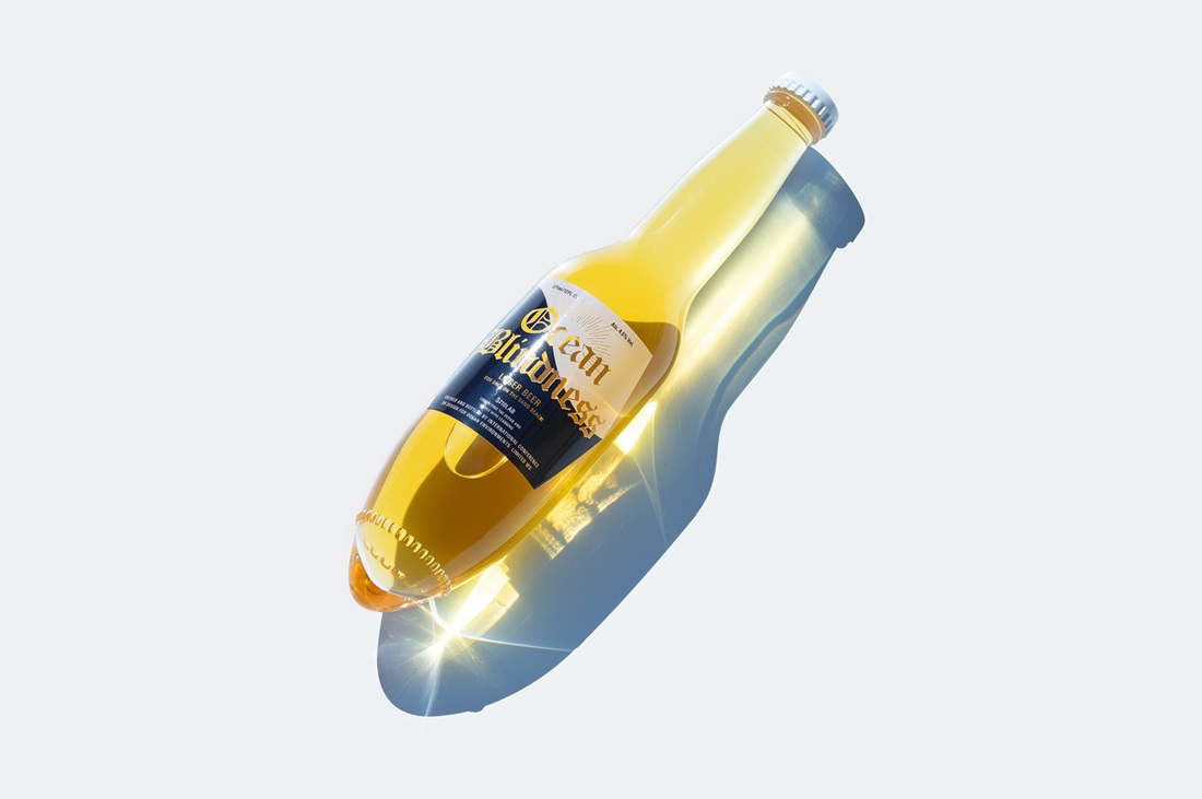 A bottle of Ocean Blindness beer with a conical bottom.