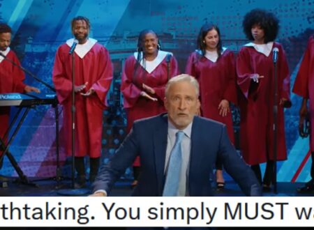 Jon Stewart brought out a whole choir to tell CBS what he thinks of them for cancelling Stephen Colbert’s show – and it’s gloriously NSFW
