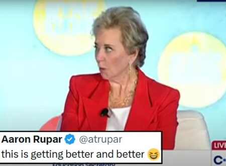 Someone hijacked a Linda McMahon interview with hidden speakers to call her a corrupt billionaire and play circus music. 10/10 no notes
