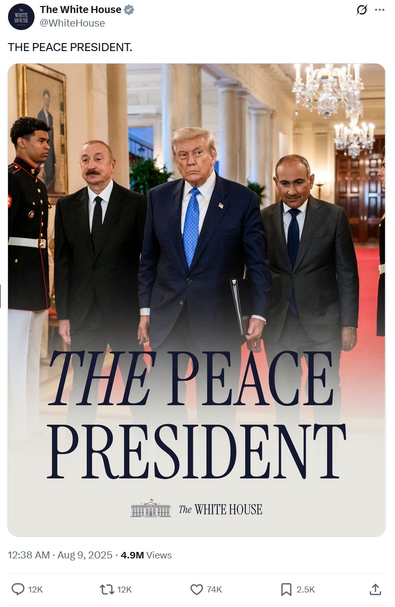 Trump striding through the White House, flanked by Azerbaijan’s Ilham Aliyev and Armenia’s Nikol Pashinyan, with the words The Peace President