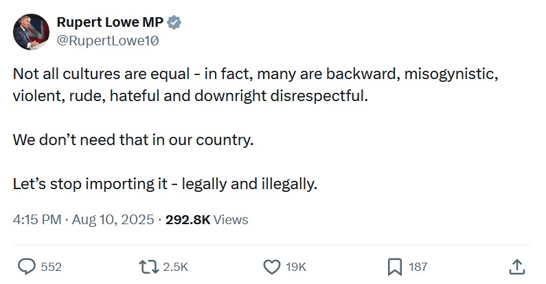 Not all cultures are equal - in fact, many are backward, misogynistic, violent, rude, hateful and downright disrespectful.

We don’t need that in our country.

Let’s stop importing it - legally and illegally.