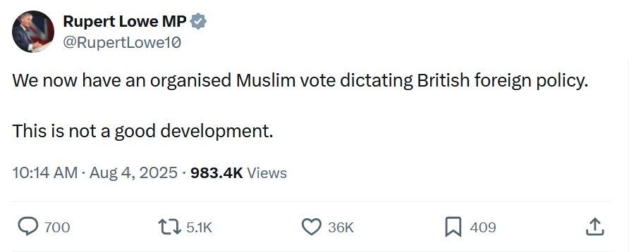 We now have an organised Muslim vote dictating British foreign policy.

This is not a good development.