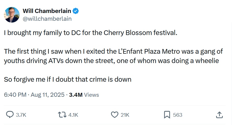 Will Chamberlain. I brought my family to DC for the Cherry Blossom festival. The first thing I saw when I exited the L’Enfant Plaza Metro was a gang of youths driving ATVs down the street, one of whom was doing a wheelie So forgive me if I doubt that crime is down