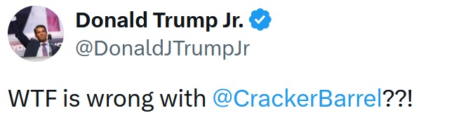 @DonaldJTrumpJr
WTF is wrong with @CrackerBarrel
??!
