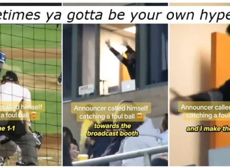Talk about a long shot. Watch this baseball commentator report on his own fluke catch