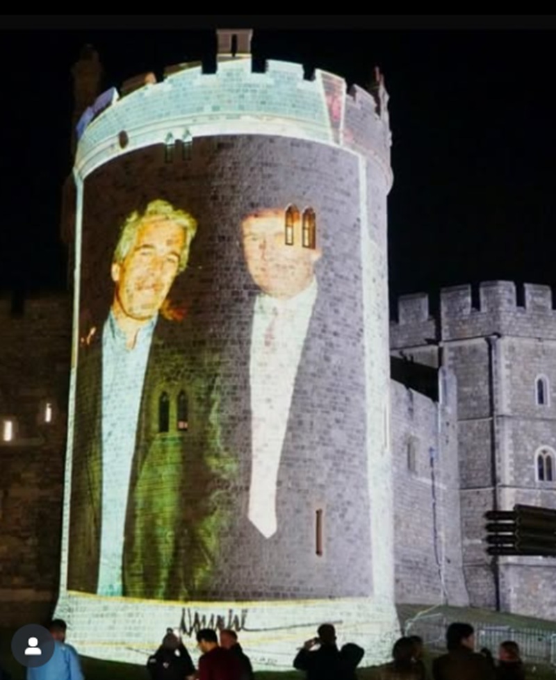 Donald Trump and Jeffery Epstein, projected onto a turret of Windsor Castle.