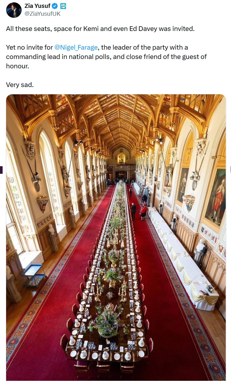 All these seats, space for Kemi and even Ed Davey was invited.

Yet no invite for @Nigel_Farage
, the leader of the party with a commanding lead in national polls, and close friend of the guest of honour.

Very sad.