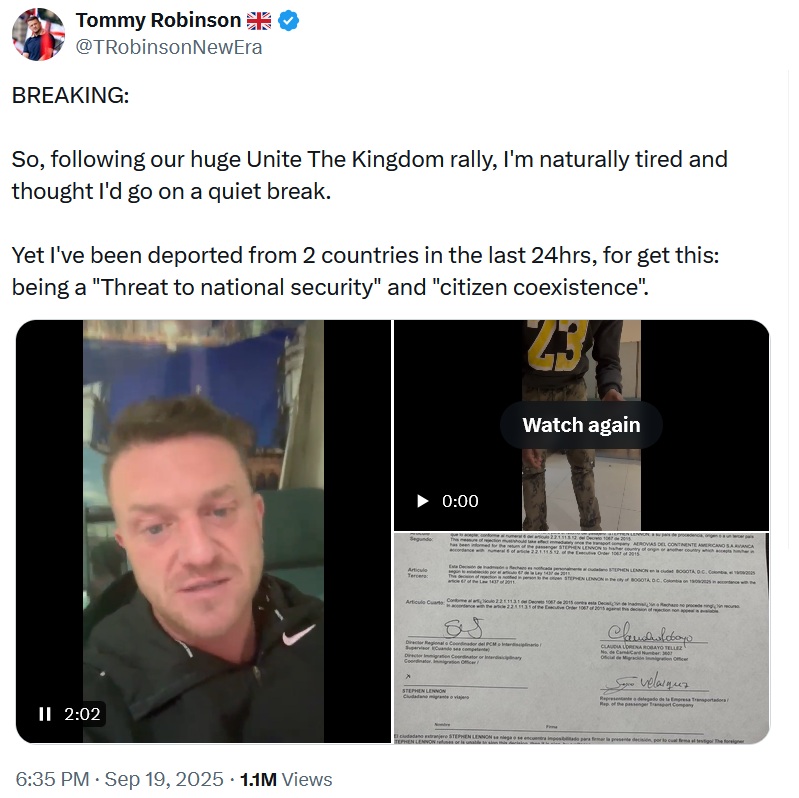 BREAKING:
So, following our huge Unite The Kingdom rally, I'm naturally tired and thought I'd go on a quiet break.
Yet I've been deported from 2 countries in the last 24hrs, for get this: being a "Threat to national security" and "citizen coexistence".
