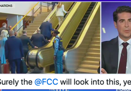 A smirking Fox News host called to bomb the UN after Donald Trump suffered the terrible fate of having to walk up a stationary escalator