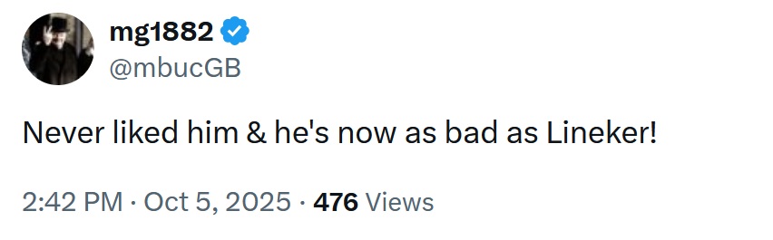 @mbucGB
Never liked him & he's now as bad as Lineker!