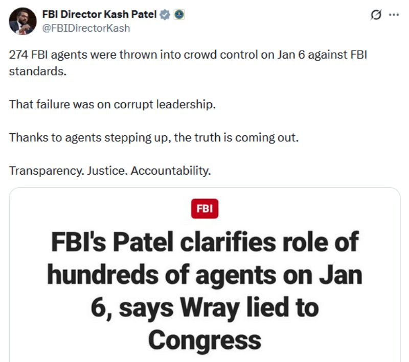 274 FBI agents were thrown into crowd control on Jan 6 against FBI standards.

That failure was on corrupt leadership.

Thanks to agents stepping up, the truth is coming out. 

Transparency. Justice. Accountability.
