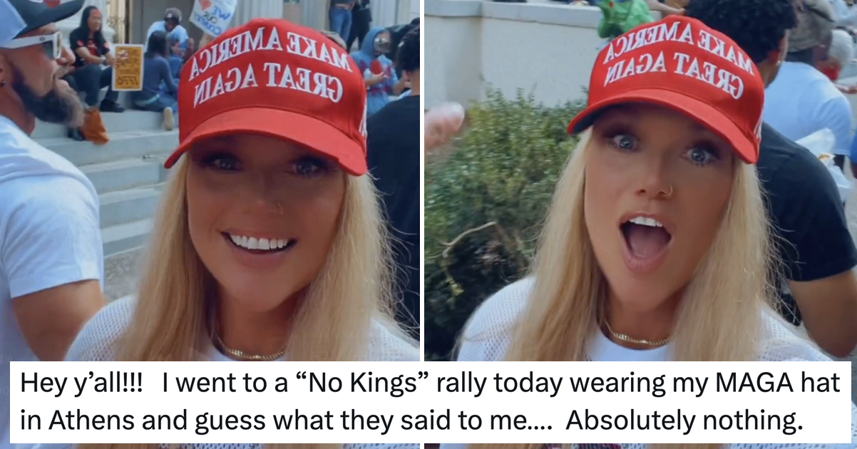 A Maga claimed she savagely owned the libs by wearing her favourite hat to a ‘No Kings’ protest and it blew up spectacularly in her face – 14 magnificent takedowns