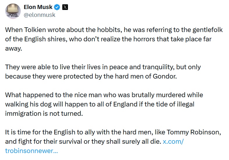 When Tolkien wrote about the hobbits, he was referring to the gentlefolk of the English shires, who don’t realize the horrors that take place far away.
They were able to live their lives in peace and tranquility, but only because they were protected by the hard men of Gondor.
What happened to the nice man who was brutally murdered while walking his dog will happen to all of England if the tide of illegal immigration is not turned.
It is time for the English to ally with the hard men, like Tommy Robinson, and fight for their survival or they shall surely all die.