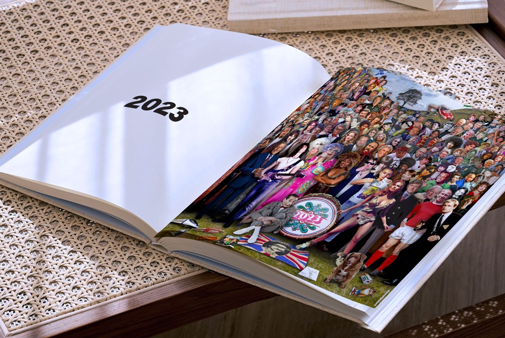 The book open to show the 2023 montage,