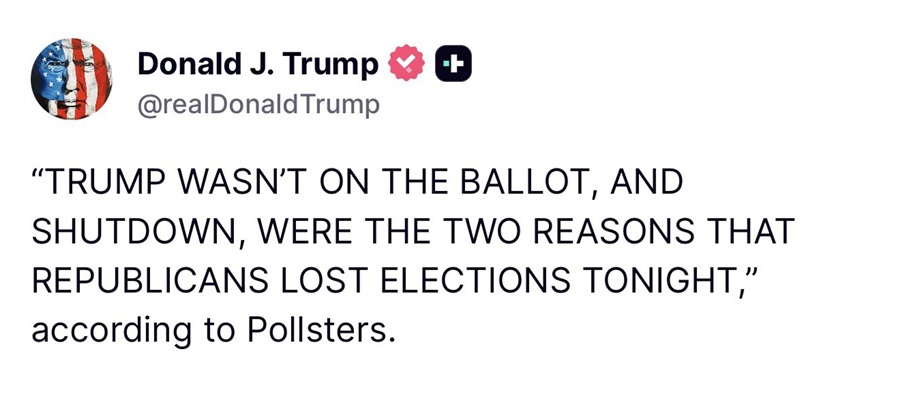 Donald J. Trump @realDonaldTrump
"TRUMP WASN'T ON THE BALLOT, AND SHUTDOWN, WERE THE TWO REASONS THAT REPUBLICANS LOST ELECTIONS TONIGHT,” according to Pollsters.