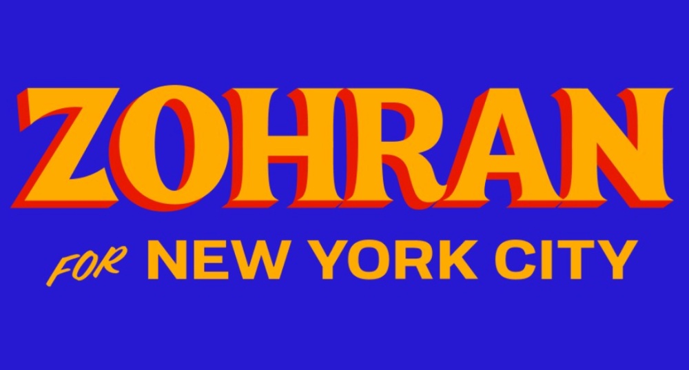 Zohran for New York City, on a Royal blue background with marigold yellow lettering and a cranberry 'shadow' on Zohran: