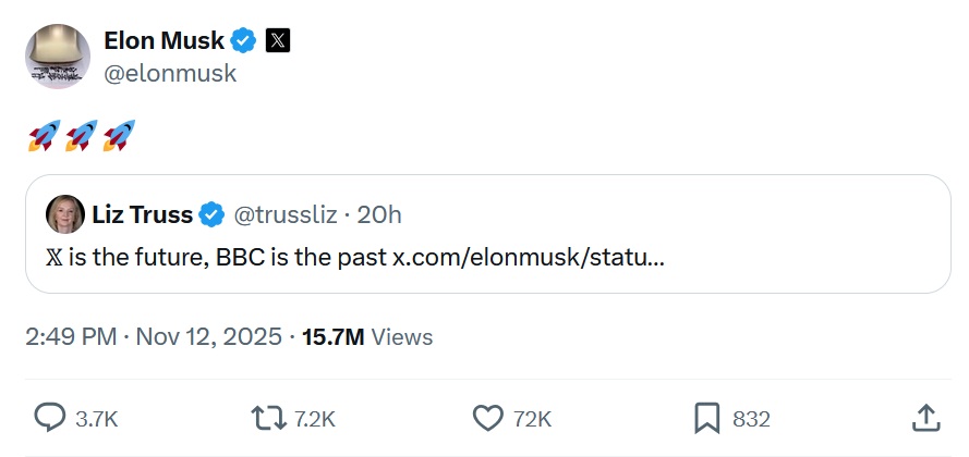 Elon Musk's quote tweet of the Truss post, consisting of just three rockets.