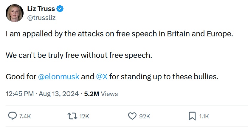 I am appalled by the attacks on free speech in Britain and Europe.
We can't be truly free without free speech.
Good for @elonmusk
and @X
for standing up to these bullies