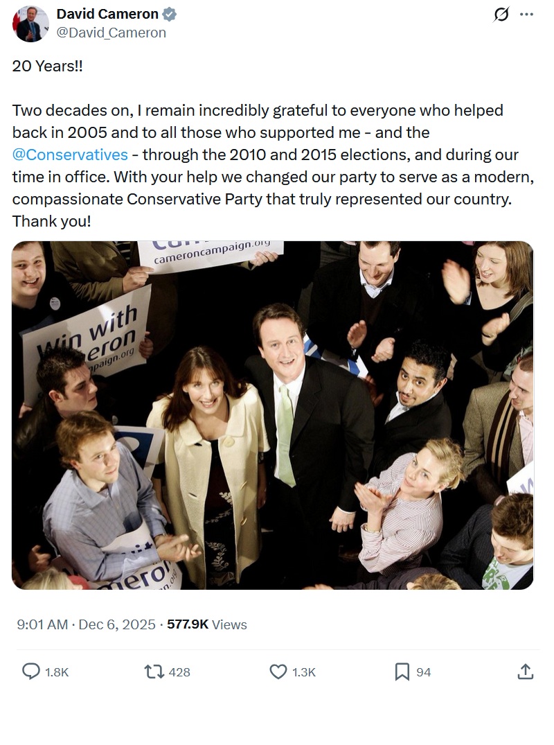 20 Years!!
Two decades on, I remain incredibly grateful to everyone who helped back in 2005 and to all those who supported me - and the @Conservatives
- through the 2010 and 2015 elections, and during our time in office. With your help we changed our party to serve as a modern, compassionate Conservative Party that truly represented our country. Thank you!
With a photo taken after he won the election