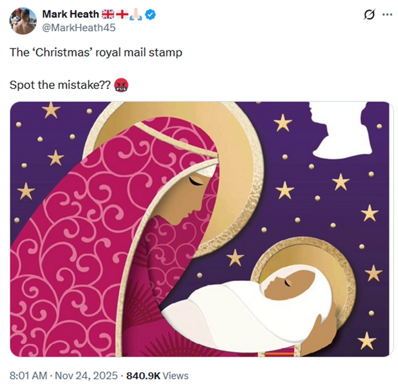 @MarkHeath45
The ‘Christmas’ royal mail stamp
Spot the mistake??
With a stylised image of an olive-skinned Mary holding the baby Jesus.