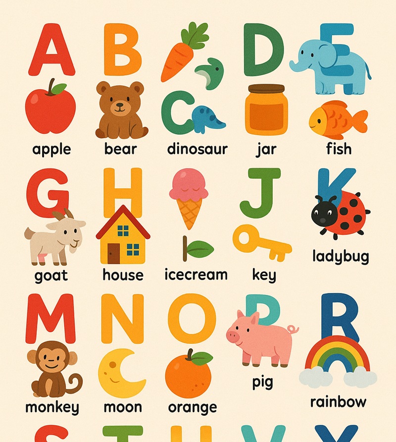 An incomplete alphabet with some letters incorrectly assigned to words