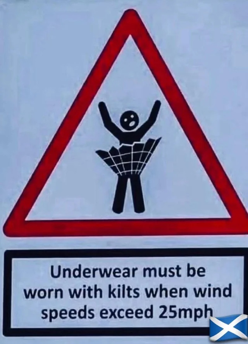 
Underwear must be worn with kilts when wind speeds exceed 25mph