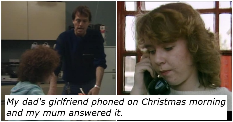 My dad's girlfriend phoned on Christmas morning and my mum answered it.
Photo of Den, Angie and Michelle from Eastenders.