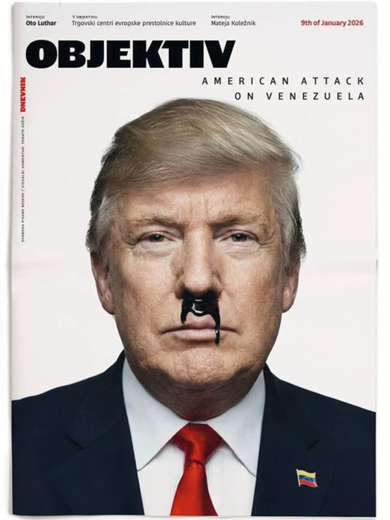 Cover showing Trump with oil leaking from his nose to make it look as though he has a Hitler moustache