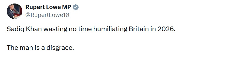 @RupertLowe10
Sadiq Khan wasting no time humiliating Britain in 2026.
The man is a disgrace.