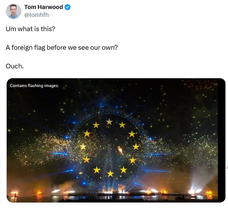 Tom Harwood
@tomhfh
Um what is this?
A foreign flag before we see our own?
Ouch.
with an image of the eu flag display