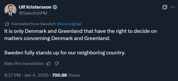 @SwedishPM
Translated from Swedish
It is only Denmark and Greenland that have the right to decide on matters concerning Denmark and Greenland.

Sweden fully stands up for our neighboring country.