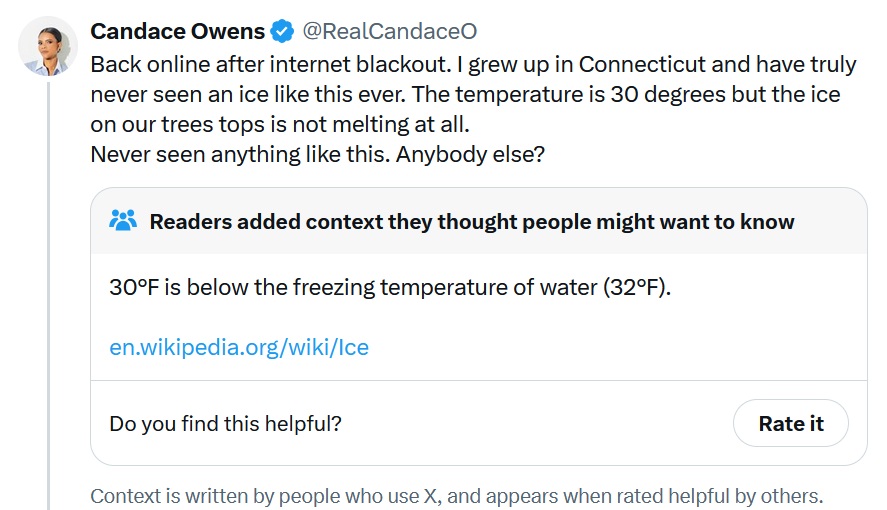 Back online after internet blackout. I grew up in Connecticut and have truly never seen an ice like this ever. The temperature is 30 degrees but the ice on our trees tops is not melting at all.
Never seen anything like this. Anybody else?
Community note points out that 30 degrees Fahrenheit is below freezing
