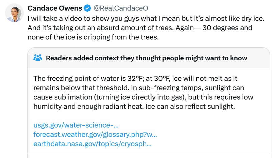 I will take a video to show you guys what I mean but it’s almost like dry ice. And it’s taking out an absurd amount of trees. Again— 30 degrees and none of the ice is dripping from the trees.
Community note about the freezing point and pointing out that sublimation can't happen under those conditions