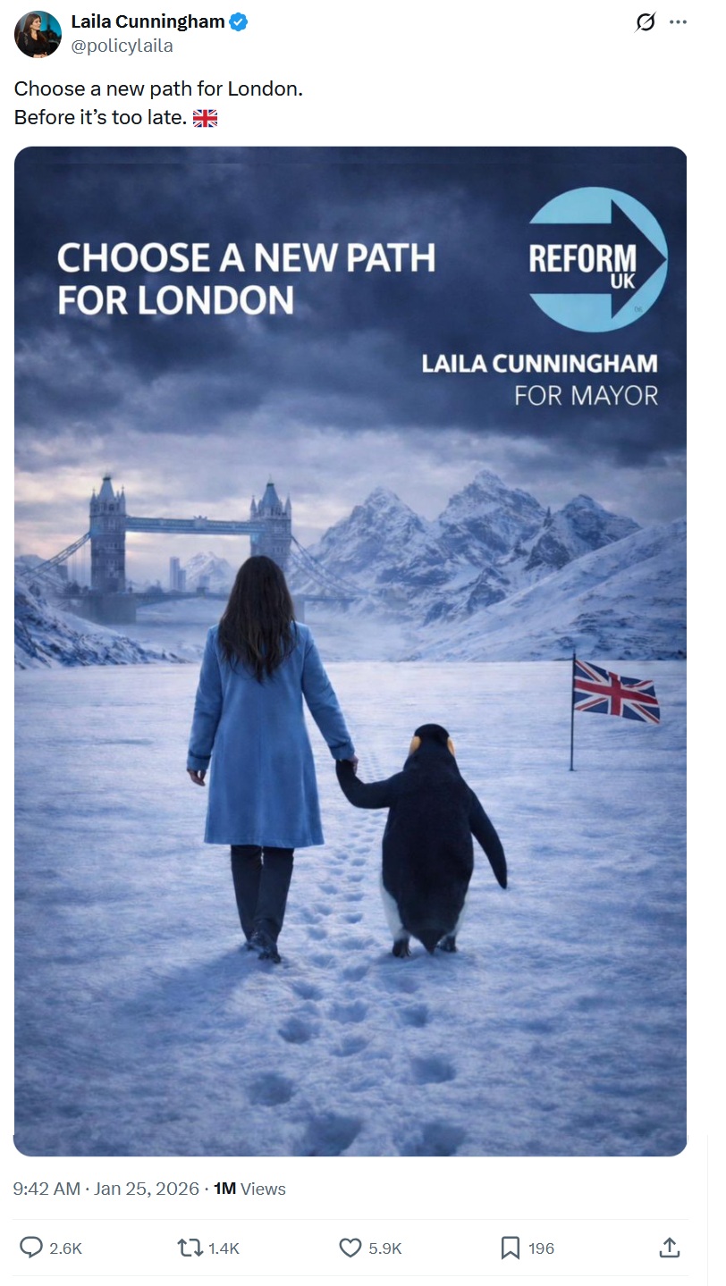 Choose a new path for London. Before it’s too late. Image of Laila Cunningham walking in a frozen landscape of London, shown from behind, holding onto the wing of a penguin walking beside her