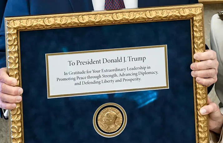 To President Donald J. Trump
In Gratitude for Your Extraordinary Leadership in Promoting Peace through Strength, Advancing Diplomacy, and Defending Liberty and Prosperity.