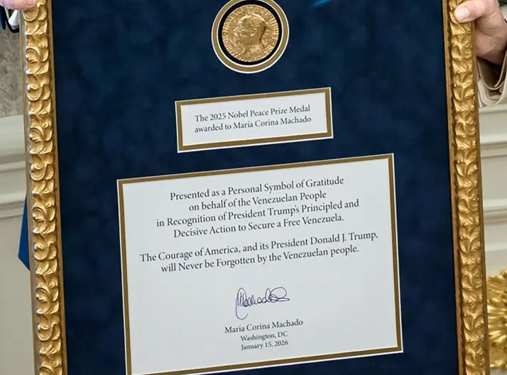 The 2025 Nobel Peace Prize Medal awarded to María Corina Machado
Presented as a Personal Symbol of Gratitude on behalf of the Venezuelan People
in Recognition of President Trump's Principled and Decisive Action to Secure a Free Venezuela.
The Courage of America, and its President Donald J. Trump, will Never be Forgotten by the Venezuelan people.
Maria Corina Machado
Washington, DC January 15, 2026