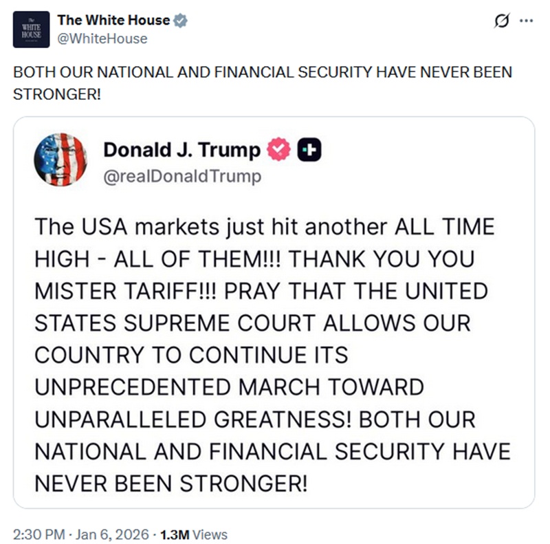 BOTH OUR NATIONAL AND FINANCIAL SECURITY HAVE NEVER BEEN STRONGER!
With a screengrab of Trump's post, which says 'The USA markets just hit another ALL TIME HIGH—ALL OF THEM!!! THANK YOU YOU MISTER TARIFF!!!