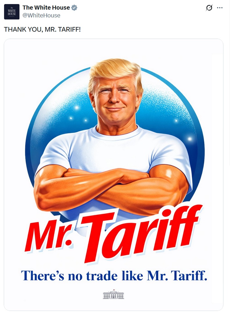 White House tweet saying Thank you Mr Tariff, containing an AI drawing of a young-looking Trump figure in a white t-shirt, with his arms folded to show muscular arms.
Text on the image says There's no trade like Mr. Tariff.