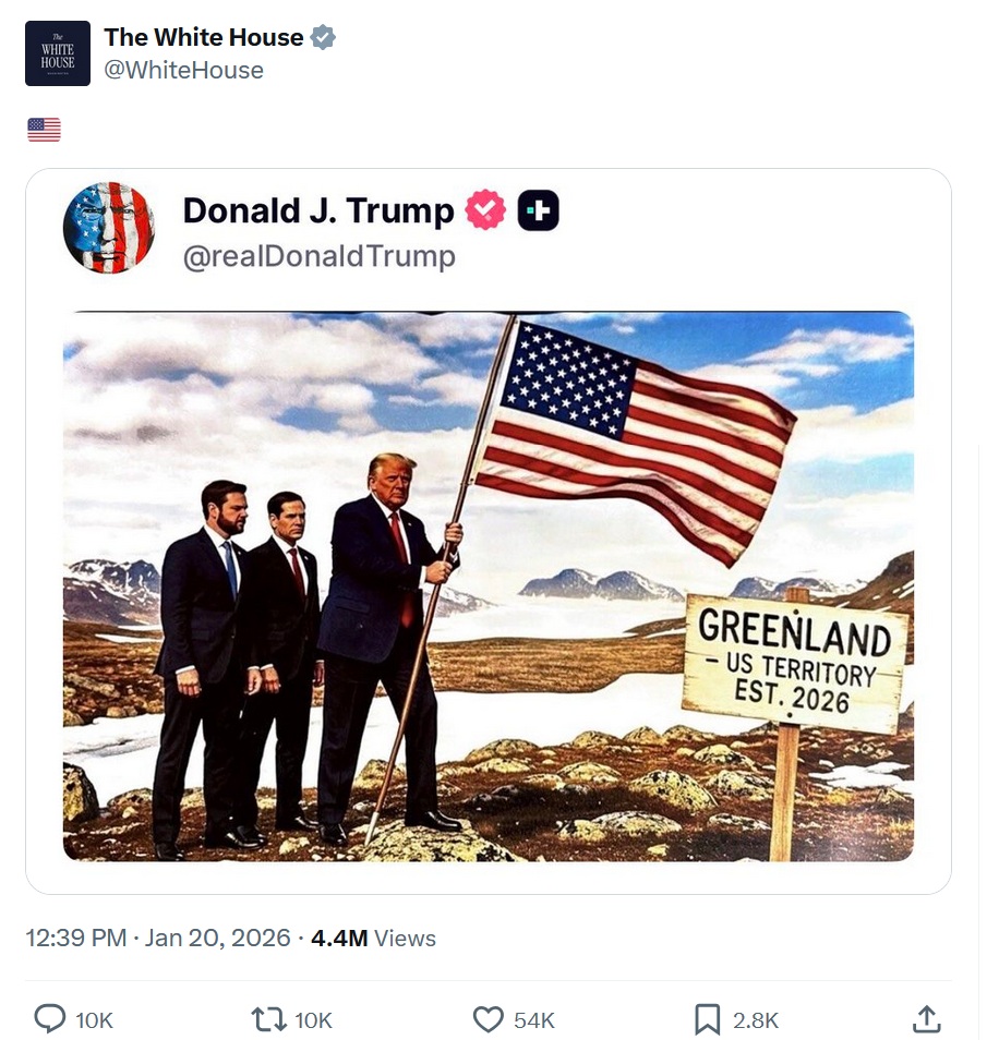Truth Social post by Trump showing him planting a US flag on Greenland, flanked by Vance and Rubio.