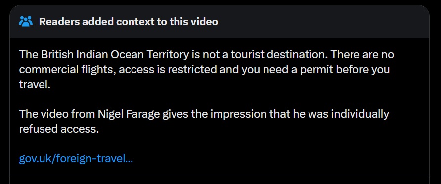 The British Indian Ocean Territory is not a tourist destination. There are no commercial flights, access is restricted and you need a permit before you travel.

The video from Nigel Farage gives the impression that he was individually refused access.