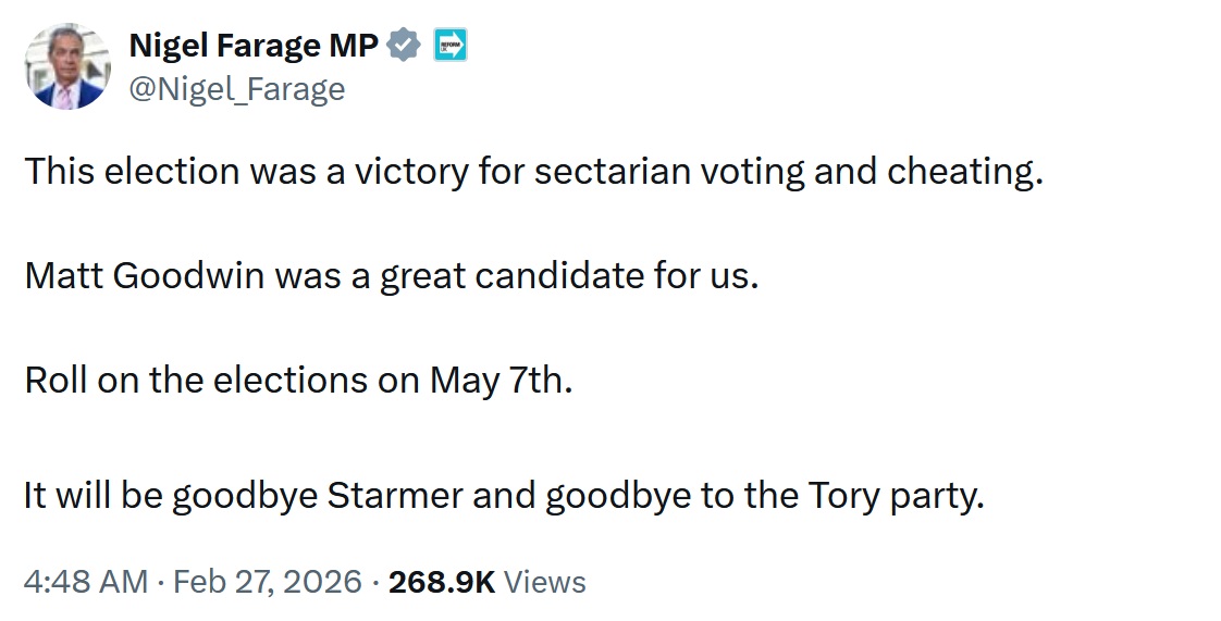 This election was a victory for sectarian voting and cheating. 

Matt Goodwin was a great candidate for us. 

Roll on the elections on May 7th.

It will be goodbye Starmer and goodbye to the Tory party.