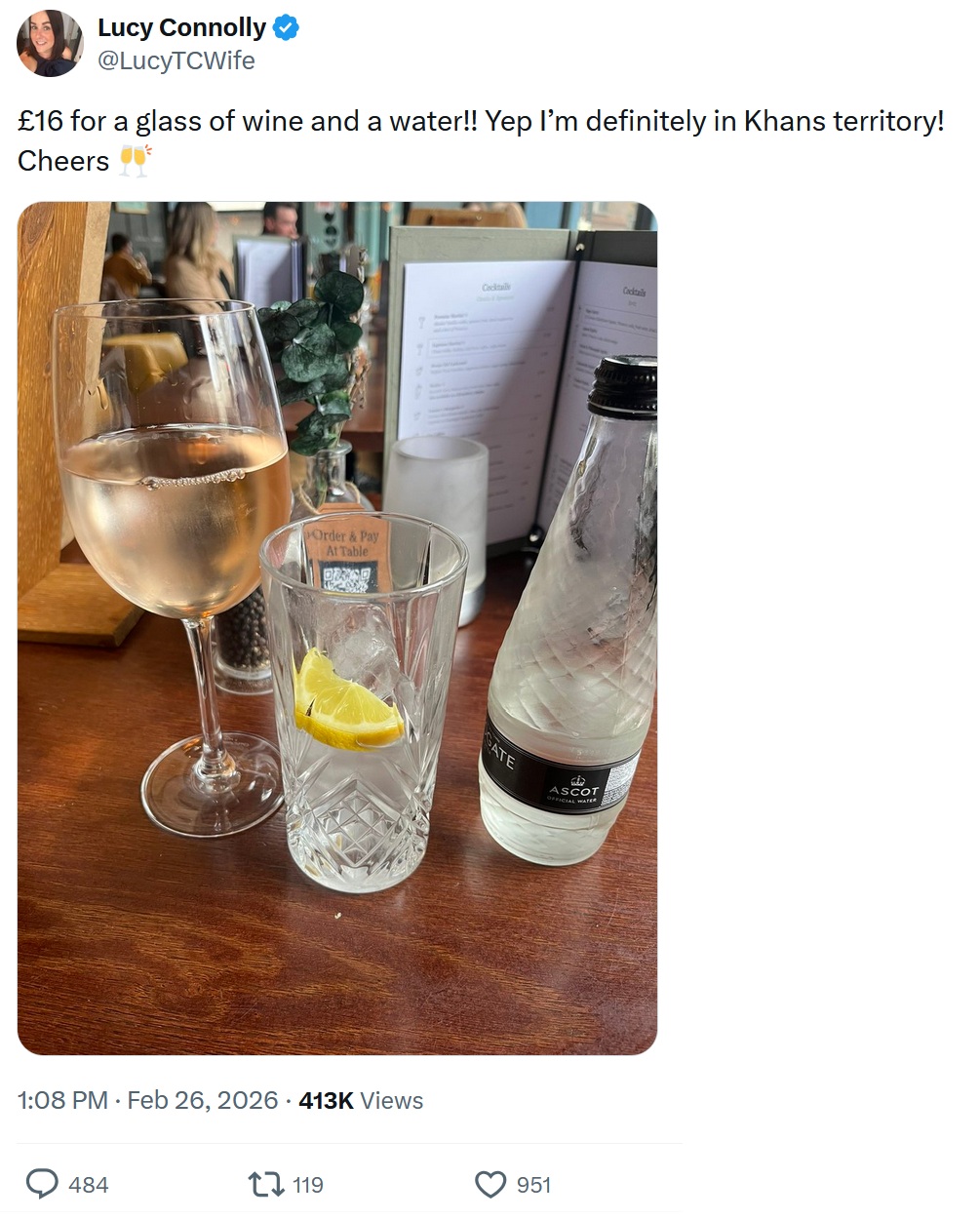 £16 for a glass of wine and a water!! Yep I’m definitely in Khans territory!
Cheers
Photo of a restaurant table with a glass of rosé and a bottle of Harrogate water