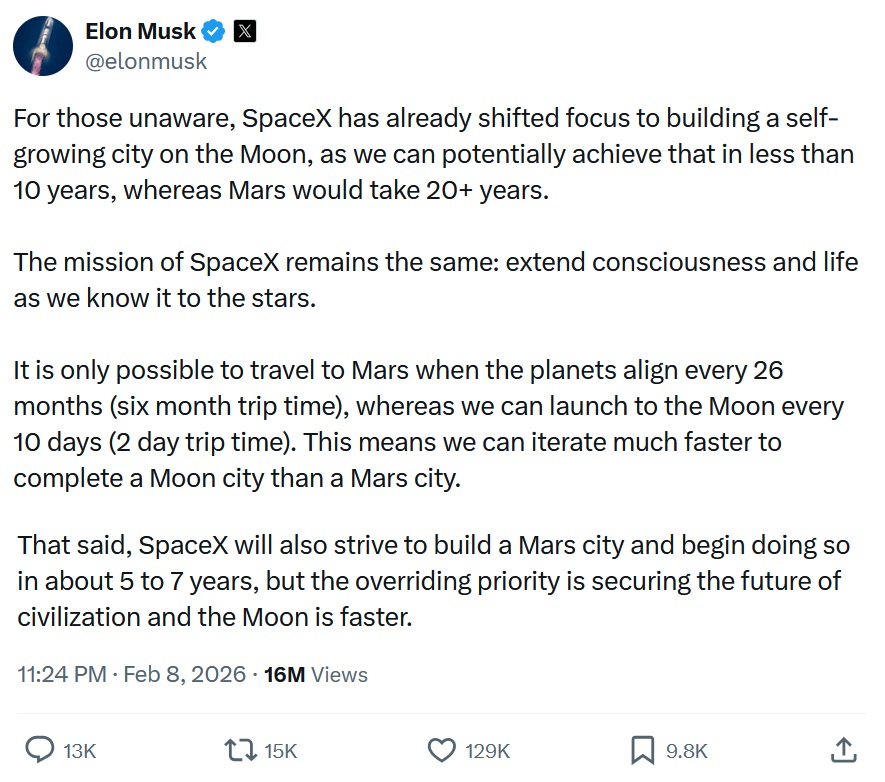 For those unaware, SpaceX has already shifted focus to building a self-growing city on the Moon, as we can potentially achieve that in less than 10 years, whereas Mars would take 20+ years. 

The mission of SpaceX remains the same: extend consciousness and life as we know it to the stars. 

It is only possible to travel to Mars when the planets align every 26 months (six month trip time), whereas we can launch to the Moon every 10 days (2 day trip time). This means we can iterate much faster to complete a Moon city than a Mars city.

That said, SpaceX will also strive to build a Mars city and begin doing so in about 5 to 7 years, but the overriding priority is securing the future of civilization and the Moon is faster.
